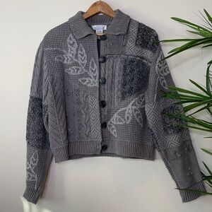 Sandy Starkman || Gray Knit Patchwork Floral  Collared Button Down Cardigan M